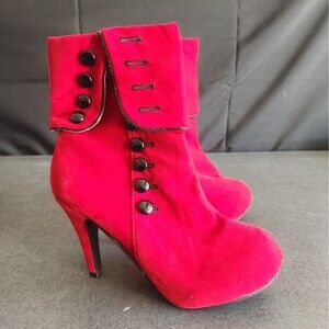 Crape Myrtle Red Velvet Victorian Spat Booties High Heels Buttons Women's Size 8